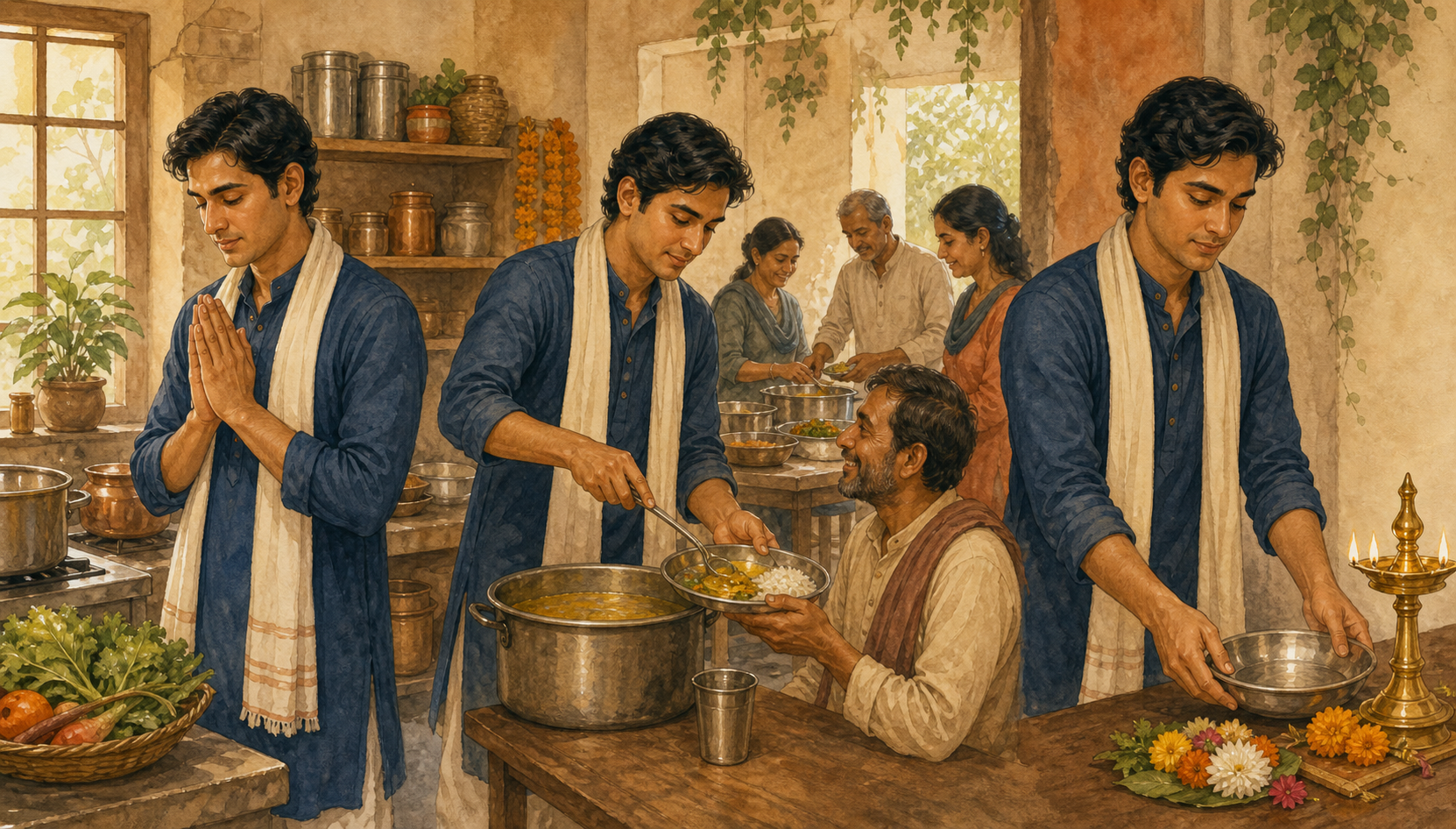 Three illustrated moments show a devotee praying before cooking, serving a meal with volunteers, and returning an empty bowl beside a lamp afterward.