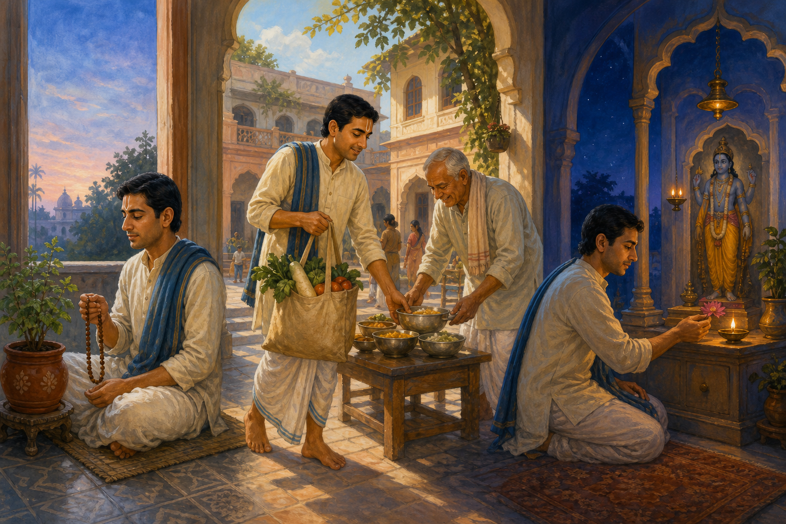 A continuous scene shows a devotee using prayer beads at dawn, helping prepare a shared meal by day, and lighting a shrine lamp in the evening.