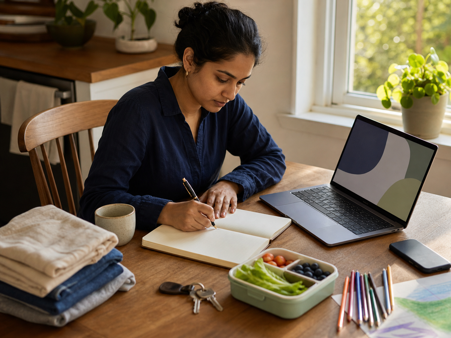 A person concentrates on a notebook and laptop at a kitchen table while a face-down phone and ordinary household items sit nearby.