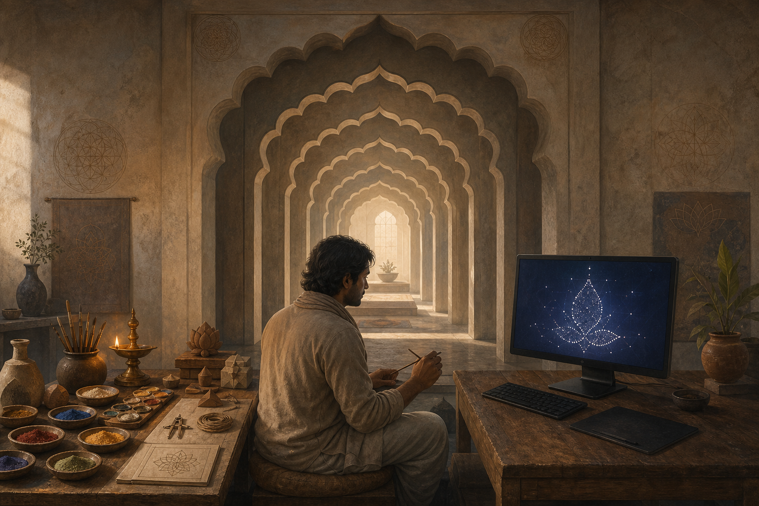 An artisan pauses between traditional painting tools and a computer showing an incomplete geometric sacred-form silhouette in a softly lit studio.