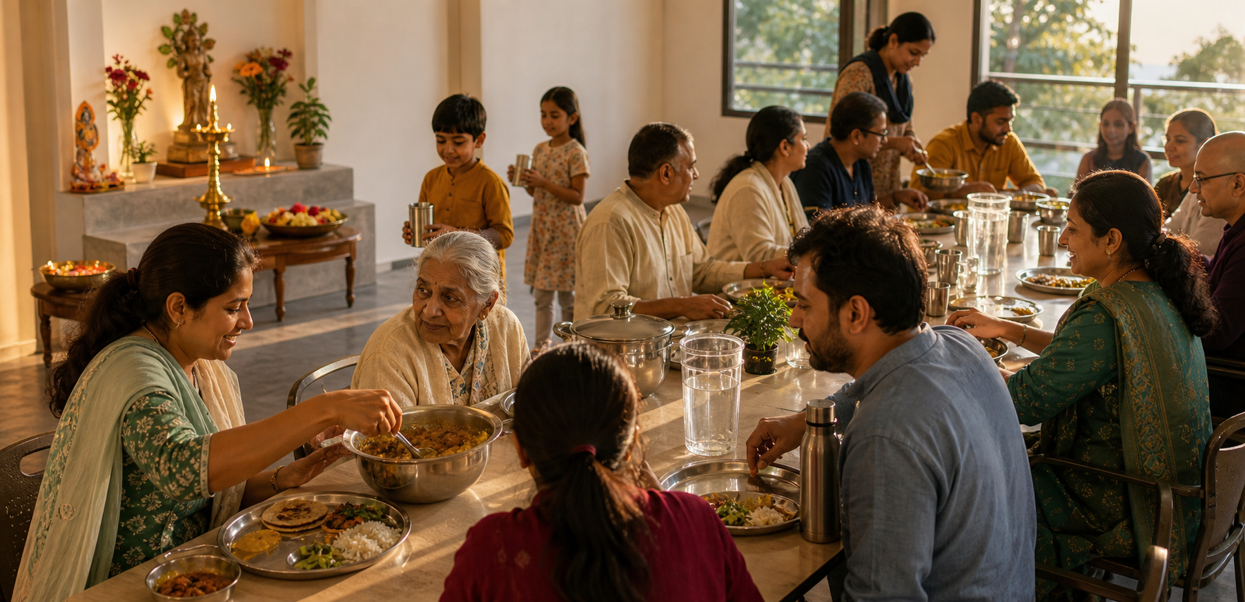 People of different ages share and serve a vegetarian meal near a small devotional alcove with a lamp, flowers, and tulsi plant.