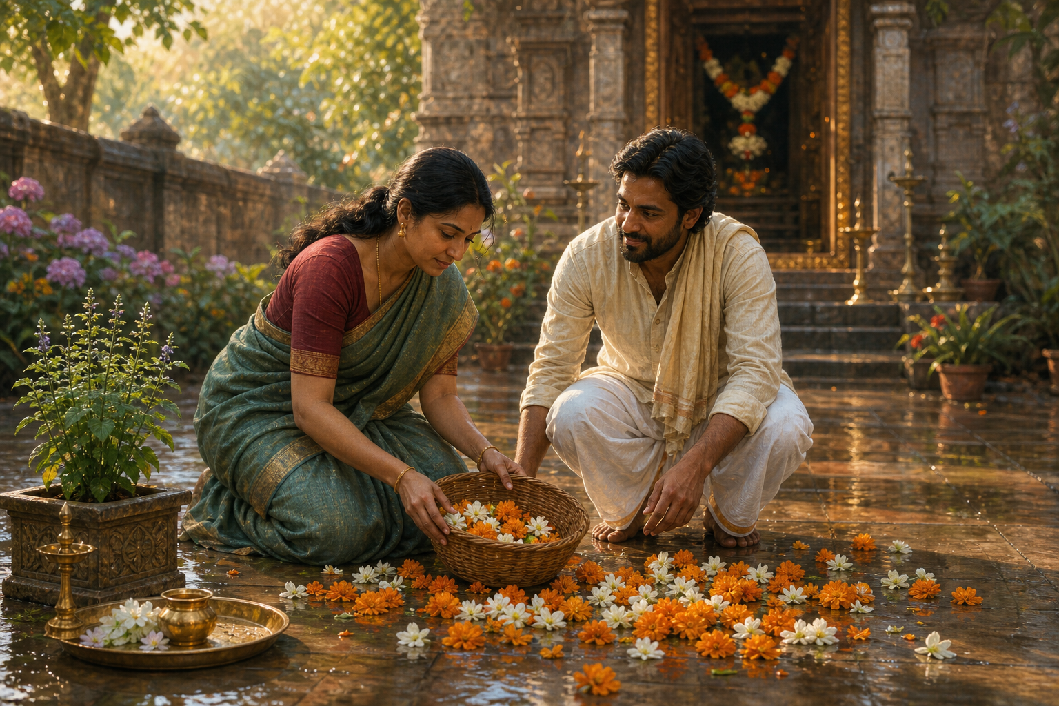 Two devotees calmly gather flowers from a spilled basket in a temple courtyard and prepare to resume their service.
