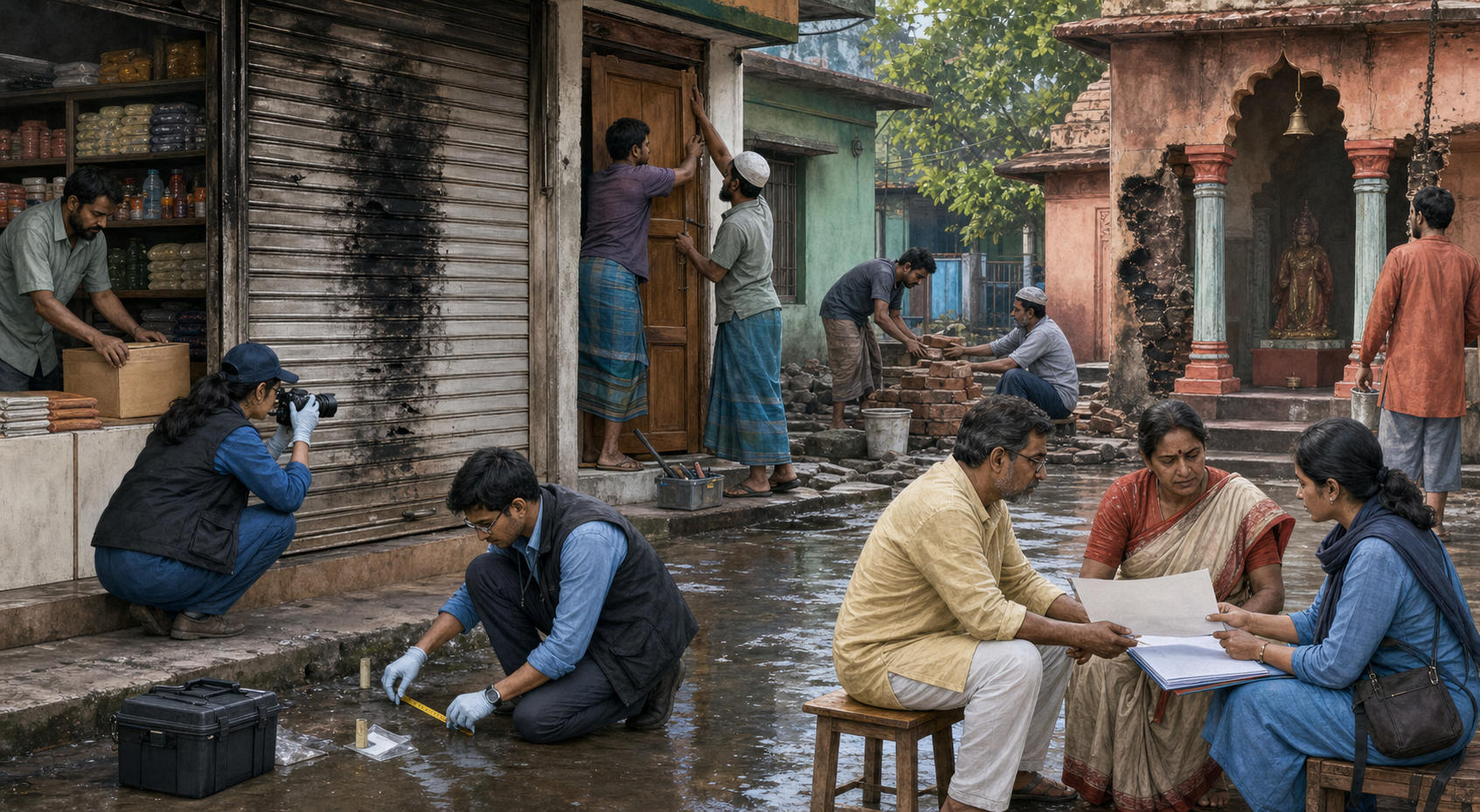 Investigators document damage to a Hindu-owned shop and temple courtyard while legal workers assist the owners and local craftspeople begin repairs.