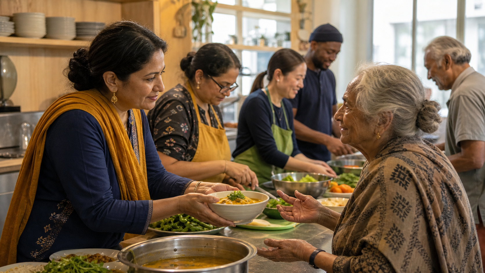 Neighbors of different ages prepare and serve a communal meal while one volunteer listens to an older guest in the foreground.