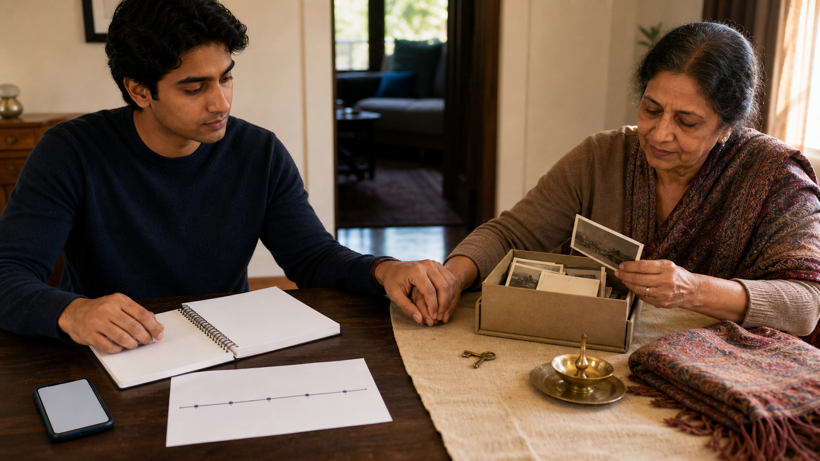 A young Indian American adult and an older relative organize a notebook and a separate box of family photographs, a brass key, a textile, and a ritual object at a dining table.