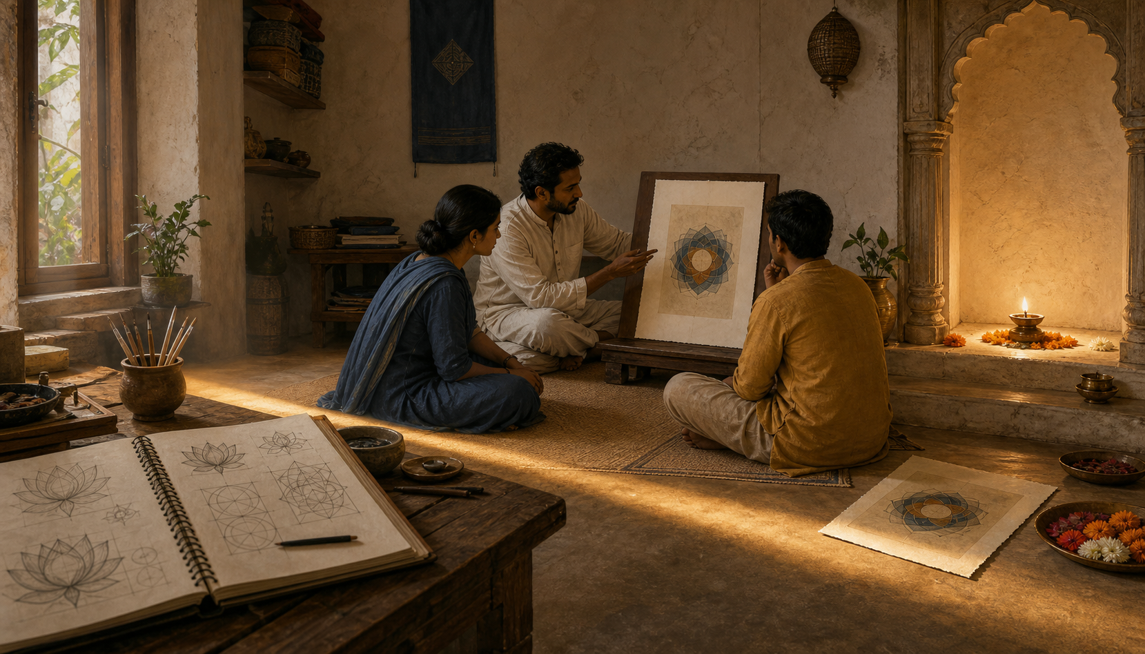 Hands arrange a lotus, conch, halo, pedestal, vessel, and geometric forms on an indigo cloth for close study.