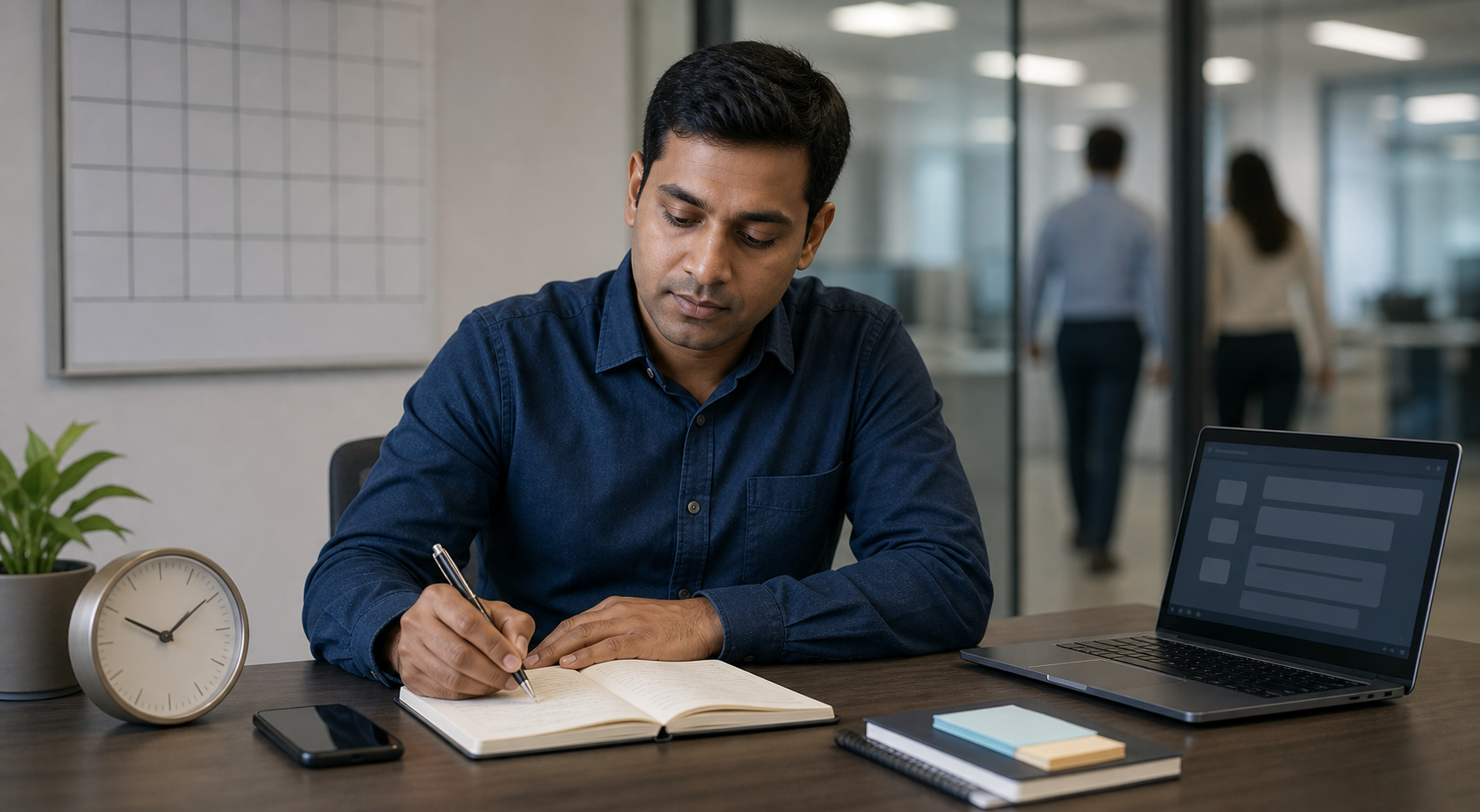 An Indian American professional organizes a phone, laptop, calendar, and paper records at a kitchen table while documenting an incident.