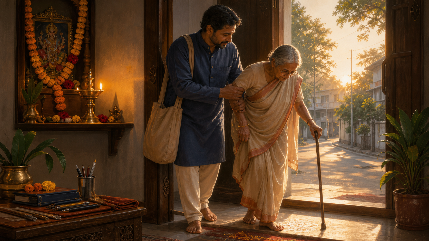An Indian householder helps an elderly family member at a doorway while a lit home shrine and Vijayadashami offerings glow behind them at dawn.