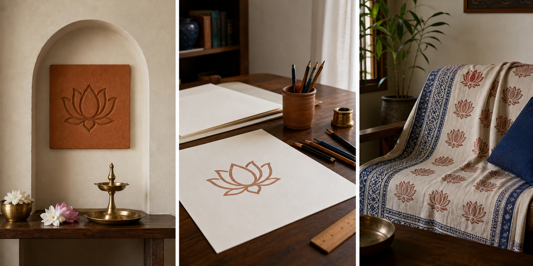 The same lotus emblem appears in a devotional alcove, on a teaching table, and as a pattern on a household textile.
