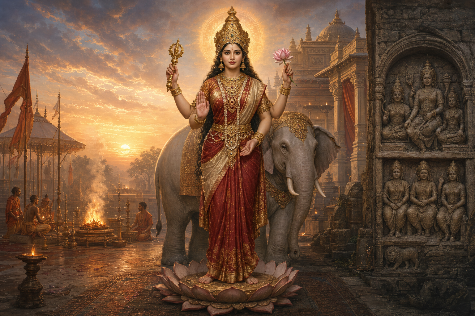 Indrani-Aindri stands crowned with a vajra and lotus before a Vedic fire, a royal pavilion and a stone temple niche, with an elephant behind her.