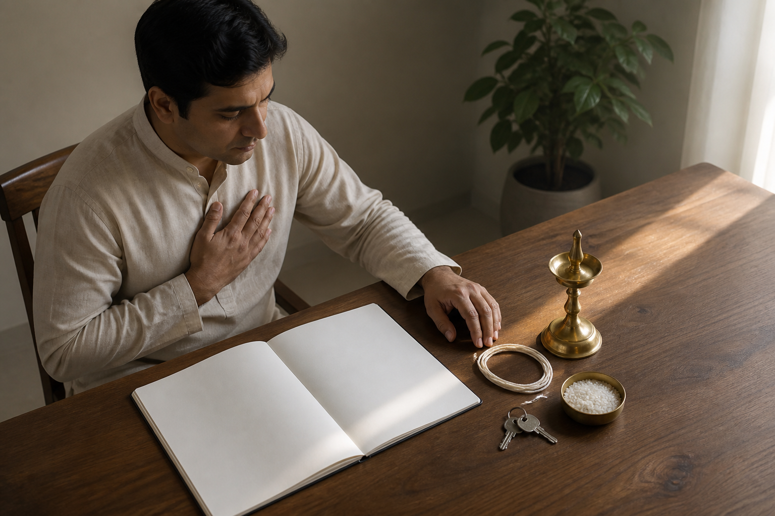 A person pauses at a wooden table beside a sacred thread, brass lamp, keys, rice bowl, and blank notebook before making a decision.