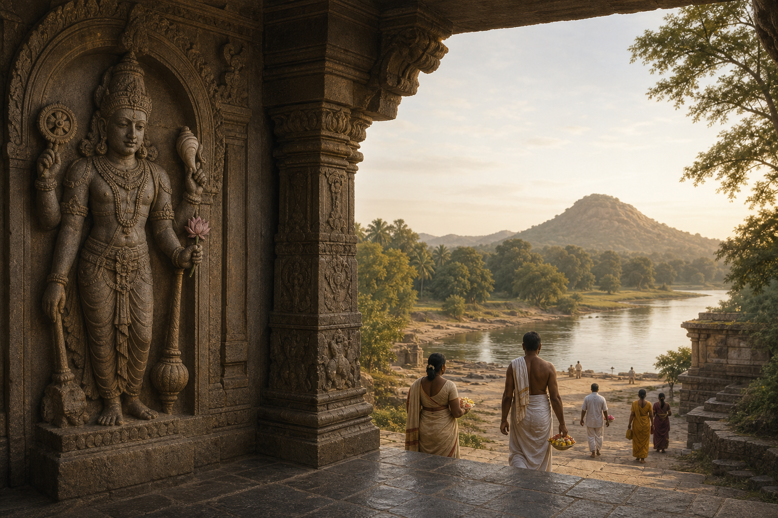 A carved four-armed Vishnu relief inside a stone temple overlooks worshippers, a river bend, a wooded grove, and a distant hill in the morning light.
