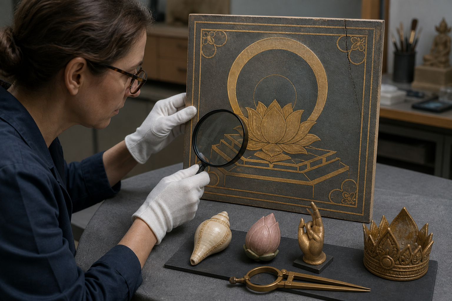 A gloved conservator compares a symbolic art panel with reference objects and examines it through a magnifying lens.