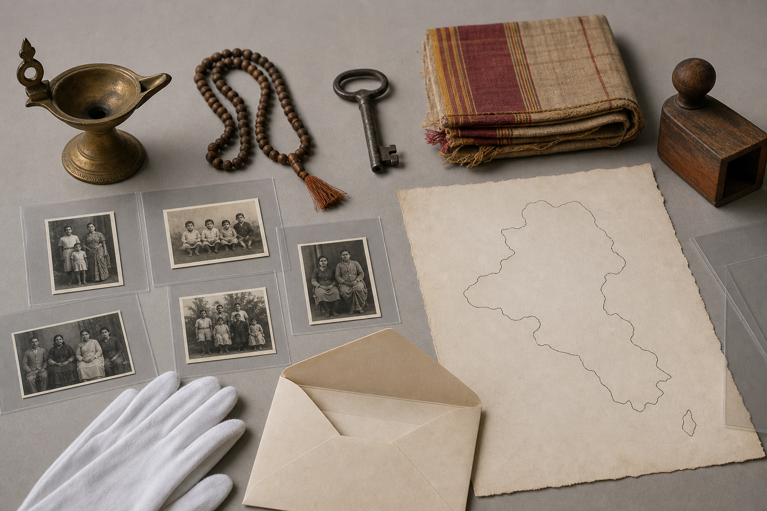 A diya, prayer beads, an old key, a folded textile, and unlabeled family photographs are arranged with archival storage materials.