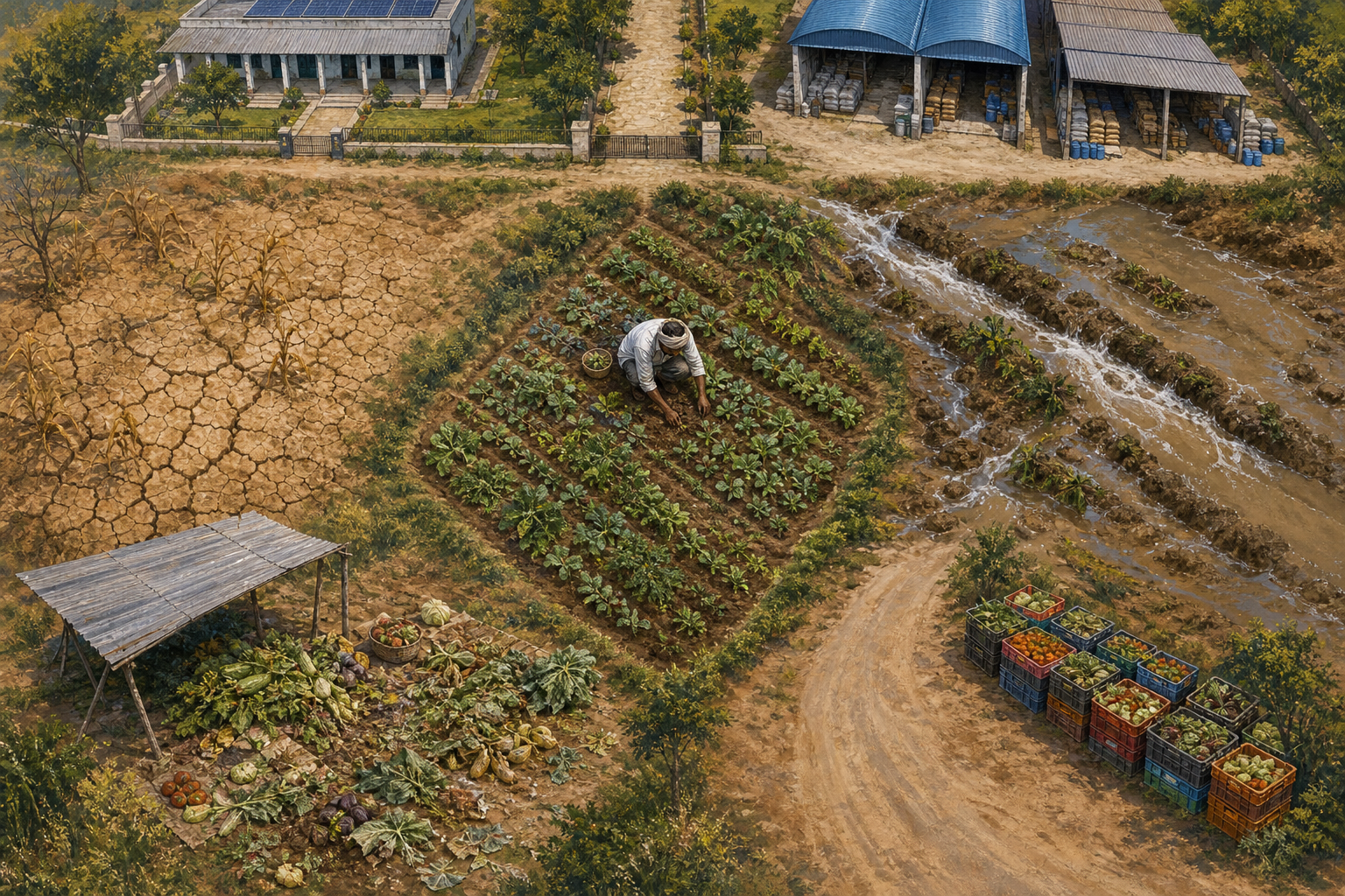 An overhead view shows a farmer surrounded by drought, flooding, spoiling produce and crates waiting beside an empty road.