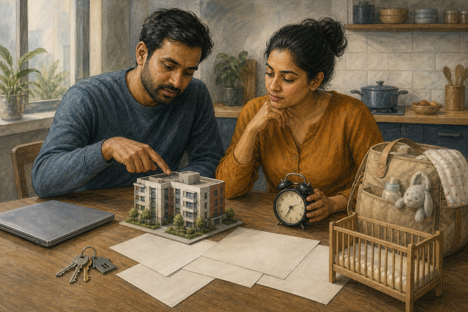 A South Asian couple sits at a kitchen table with a model apartment, keys, a clock, a laptop, a childcare bag and an empty crib.