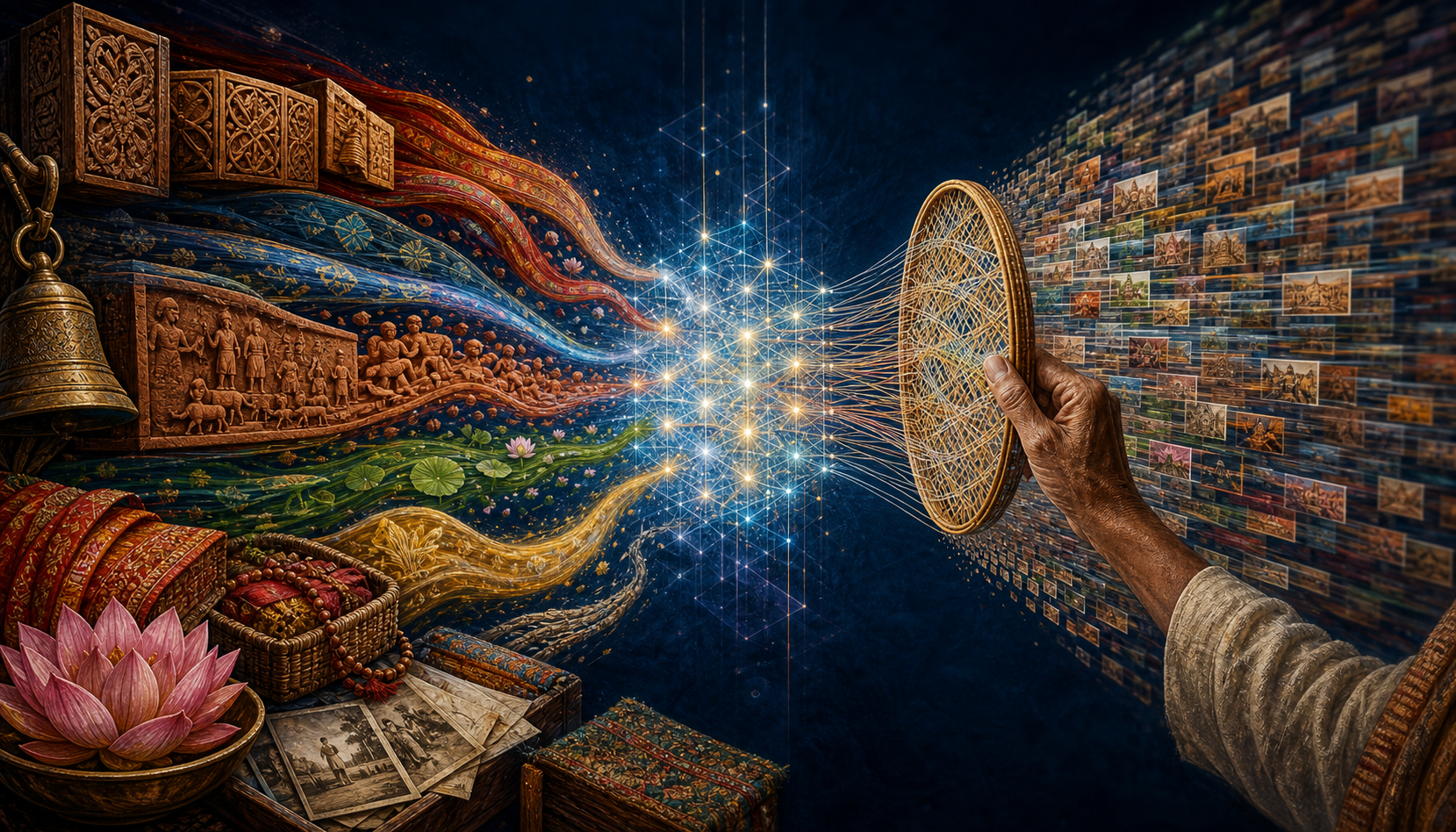 Streams from handcrafted cultural objects pass through a glowing geometric lattice while an artisan's hand filters the repeated images that emerge.