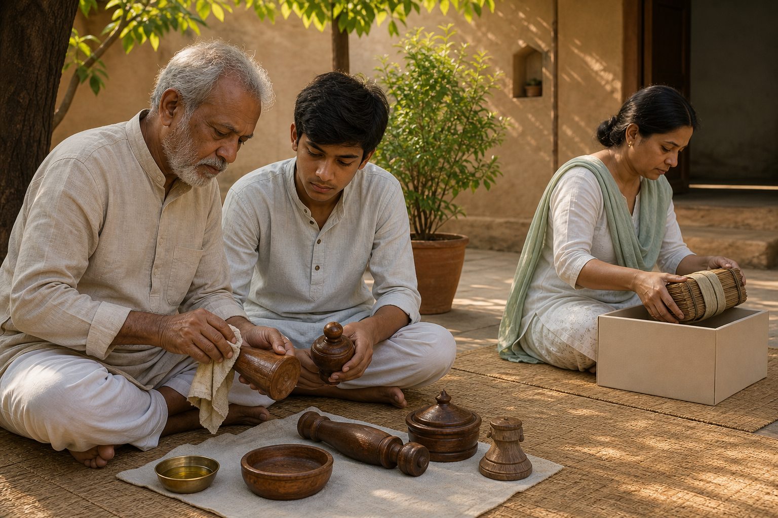 An elder teaches a teenager to care for traditional wooden objects while another family member stores a palm-leaf manuscript bundle in a courtyard.