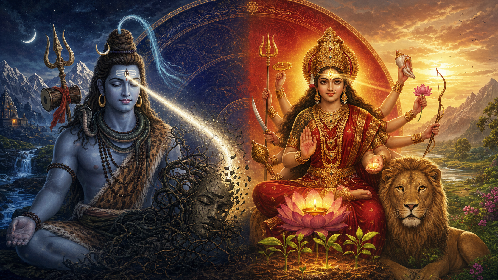 Shiva and Durga stand on opposite sides of a shared circular halo, with Shiva's third eye dissolving dark vines and Durga's third eye illuminating a protected lotus and green shoots.