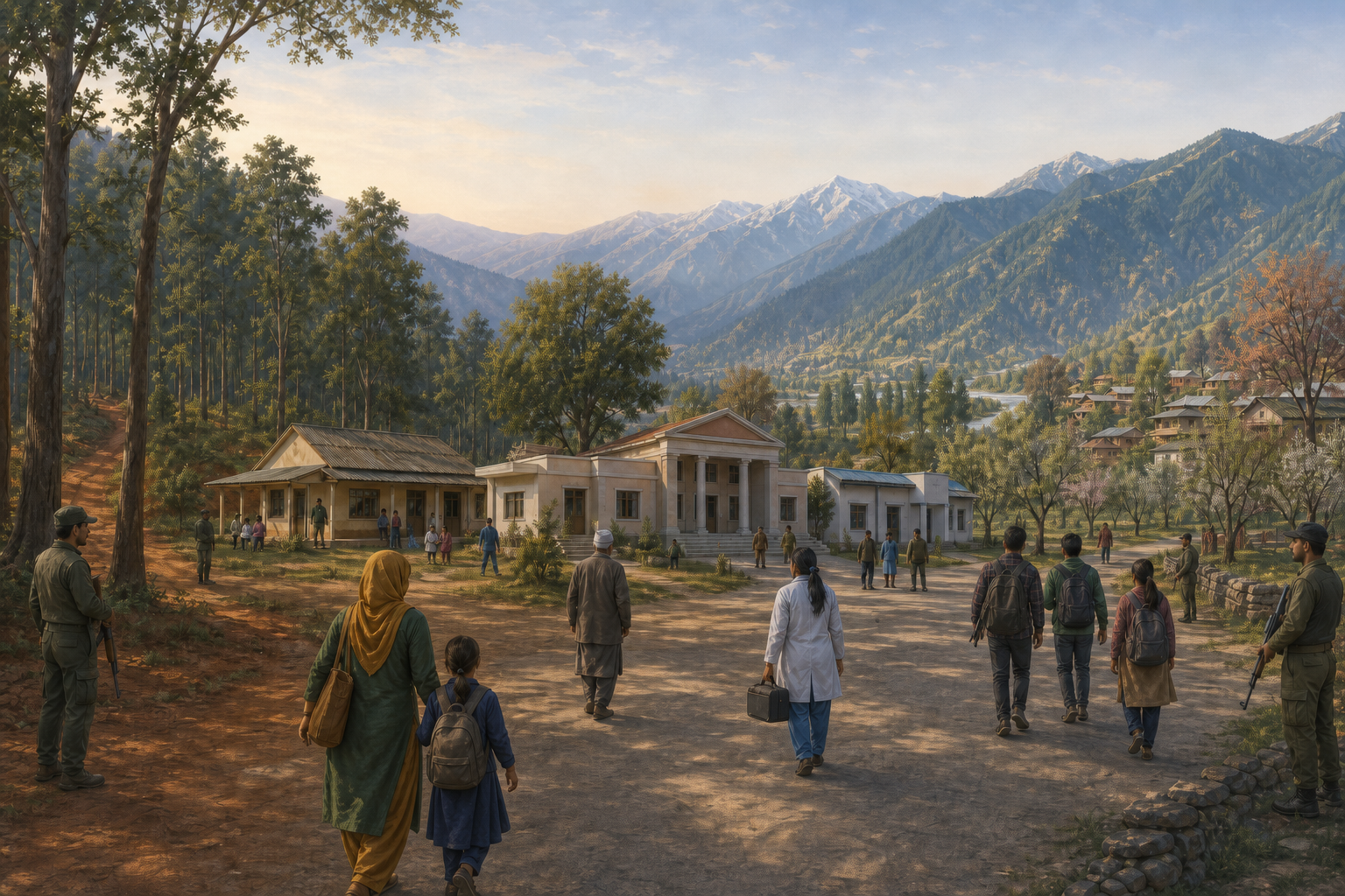 Editorial illustration joining a forest landscape in Bastar and a mountain valley in Jammu and Kashmir, with residents using roads and civic buildings while security personnel stand at the edges.