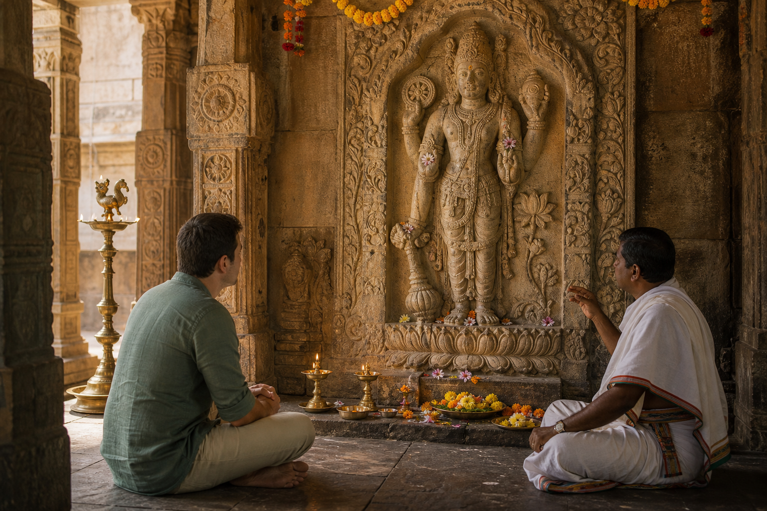 A visitor and temple guide observe a stone Vishnu relief with a conch, discus, mace, and lotus beside lamps and fresh flower offerings.