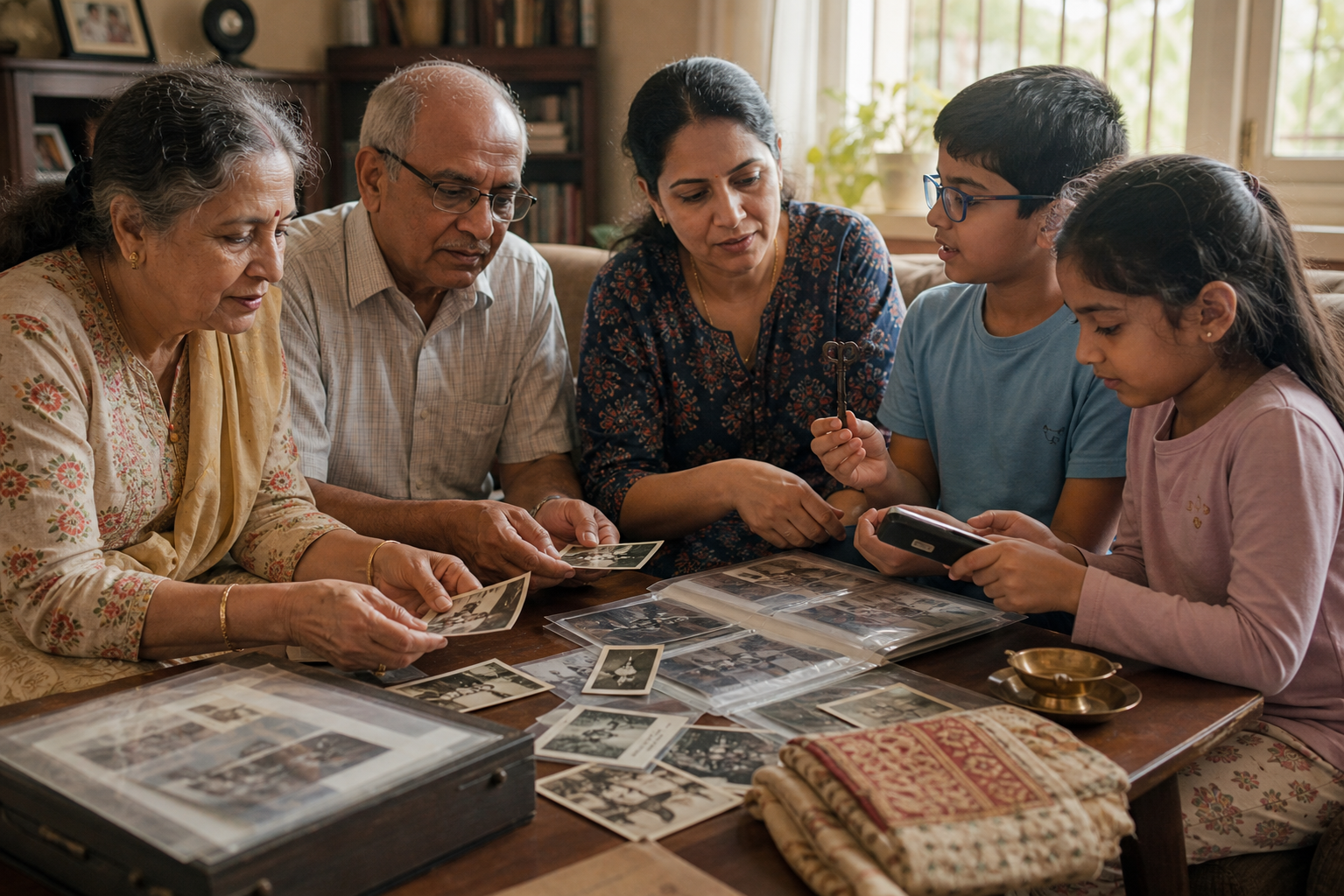 Three generations of an Indian American Hindu family sort photographs and keepsakes while a child holds an old house key.