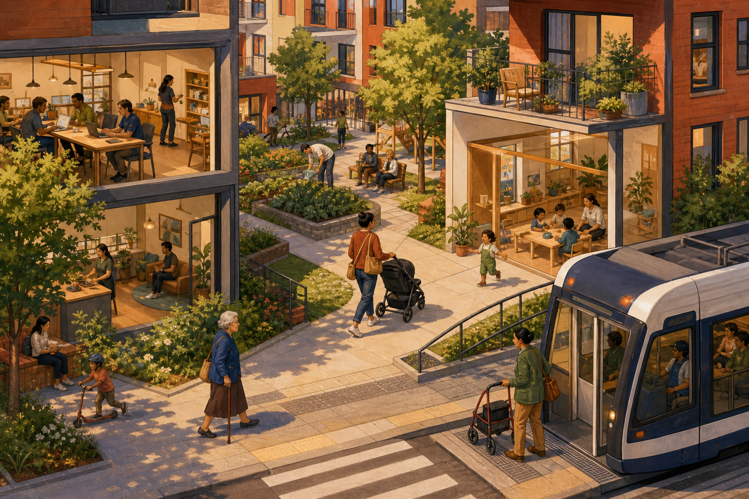 A walkable neighborhood connects apartments, a shared workspace, childcare, public transit, shaded paths and residents of several generations.