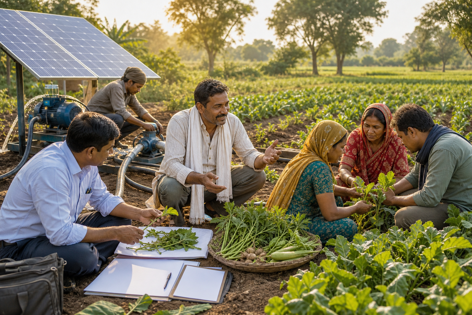 A farmer meets with a cooperative officer, irrigation technician, agricultural adviser and local farmer collective beside a working field.