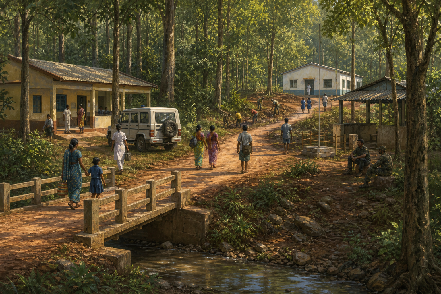 Residents cross a repaired bridge in a Bastar forest village as a nurse and teacher arrive at a health centre and school, with security personnel watching from the roadside.