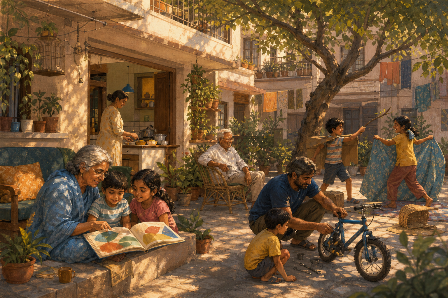 Children play in a residential courtyard while parents, grandparents and neighbors share reading, cooking, supervision and bicycle repair.