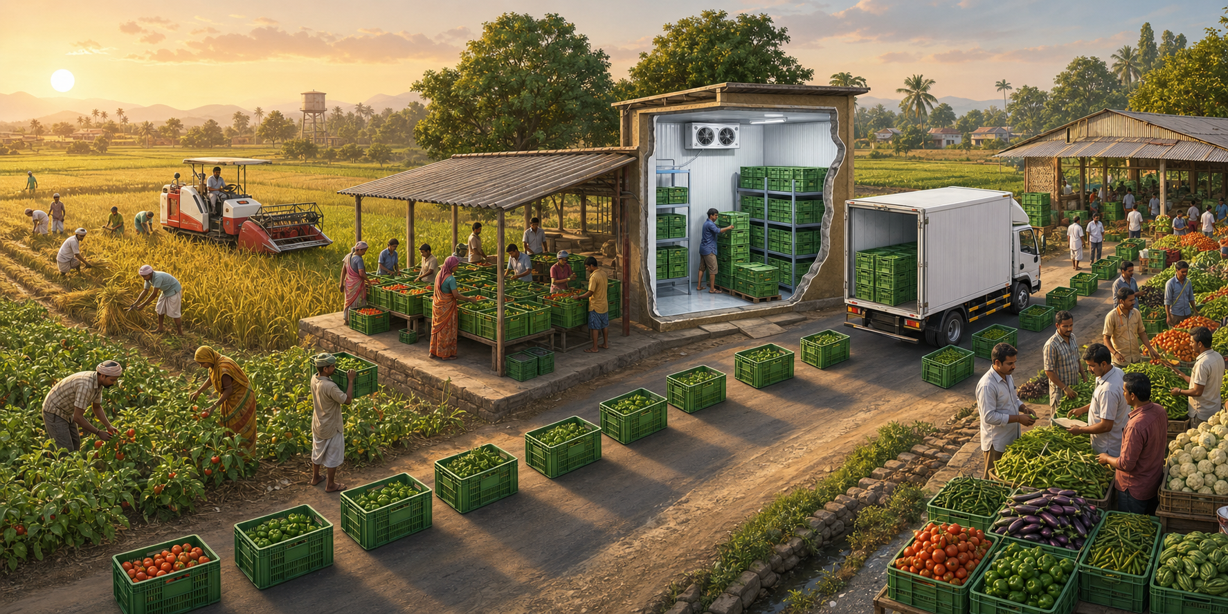 Farmers harvest varied crops that move through a collection center, cold storage and truck toward several produce buyers.