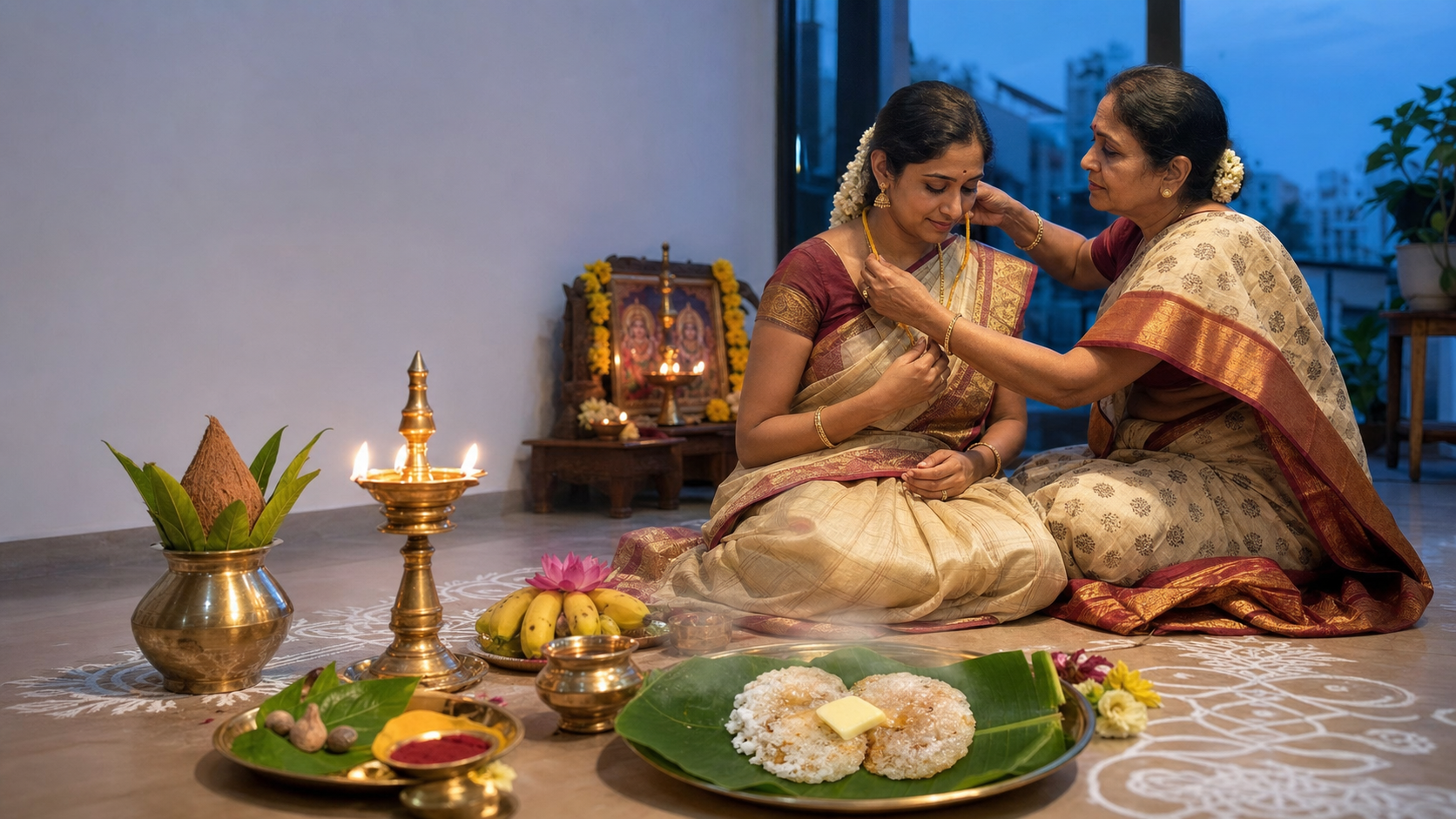 A Tamil household performs Karadaiyan Nombu at dusk with a yellow sacred thread, brass lamp and karadai adai offered on a banana leaf.