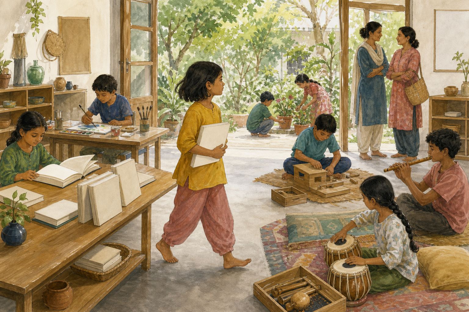 Children read, paint, build models, play instruments and tend plants in a bright learning room while teachers and parents observe nearby.