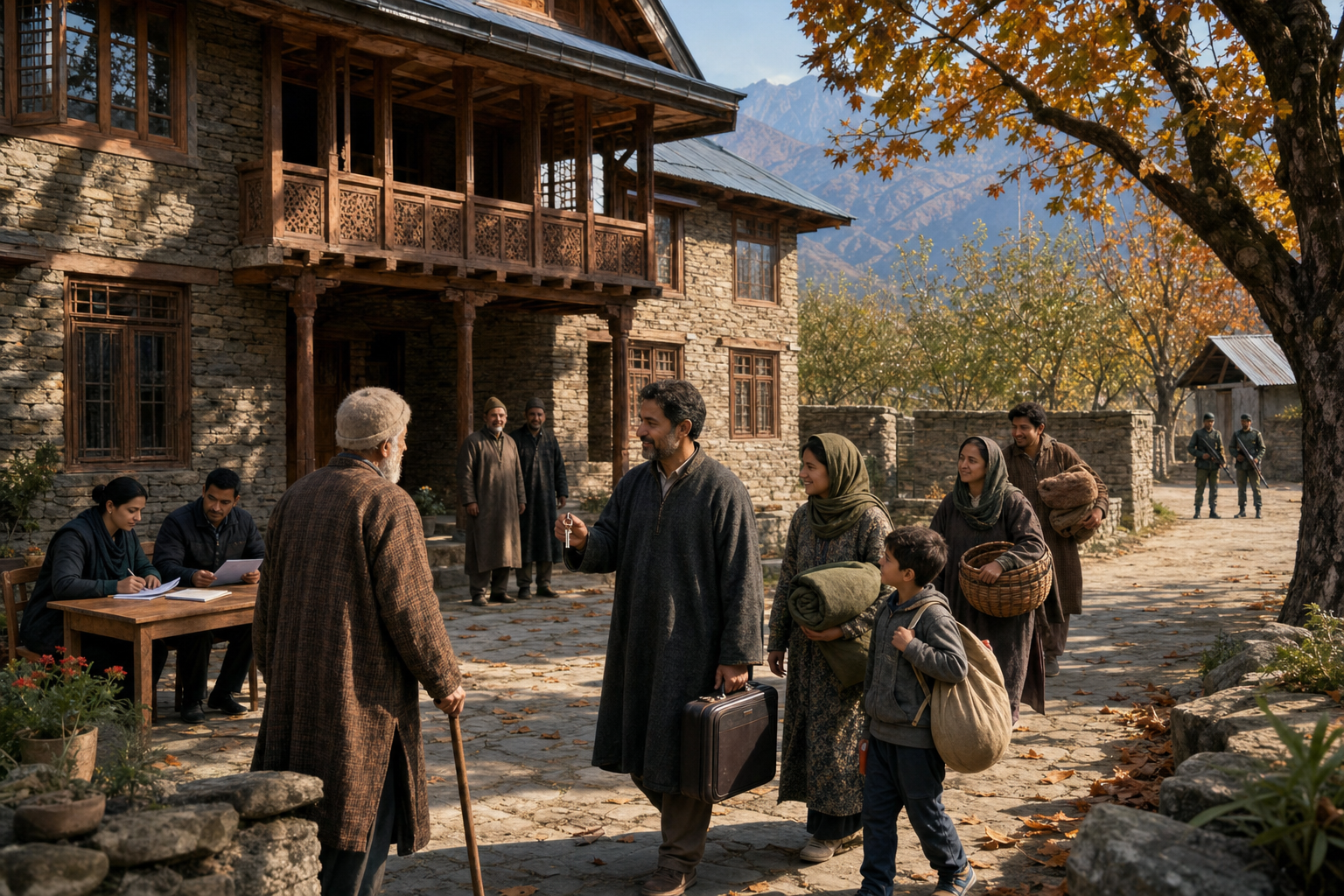 A family returns to a repaired timber-and-stone home in a Jammu and Kashmir village while neighbors welcome them and civilian officials review property papers nearby.
