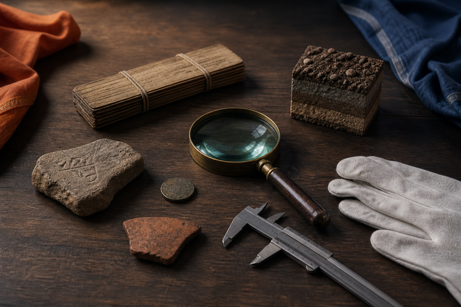 Coins, pottery, a stone fragment, a palm-leaf manuscript bundle and research tools arranged around a magnifying lens on a wooden table.