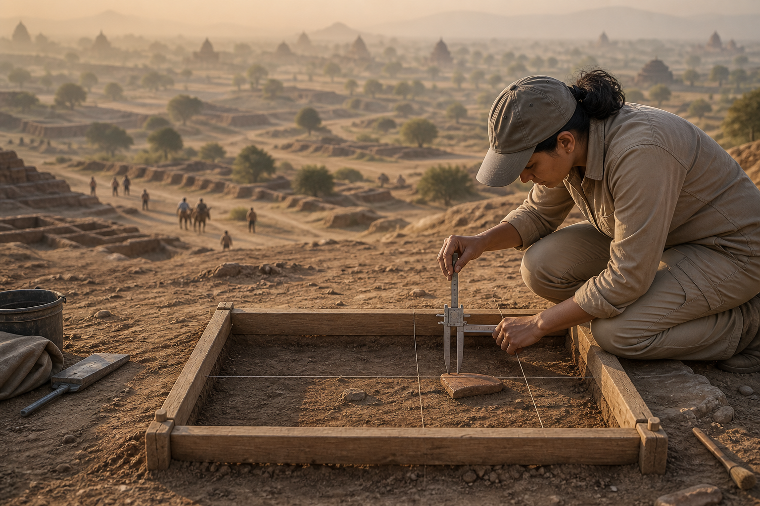 An archaeologist measures a pottery fragment in one excavation square while a broad historical landscape fades into the background.