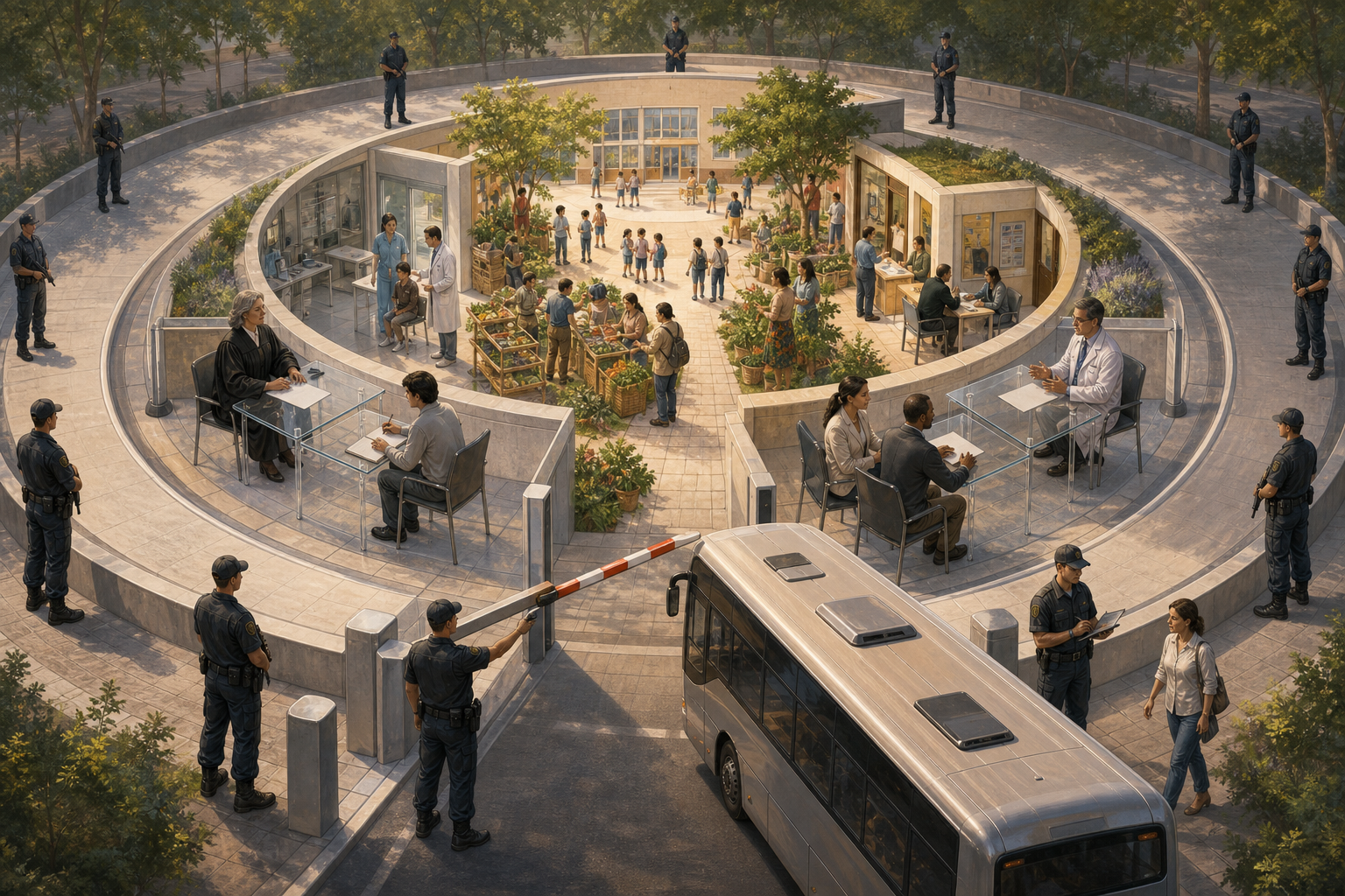 Residents use a clinic, school courtyard, market path, and public office inside a civic space protected by restrained security personnel and overseen by civilian officials.