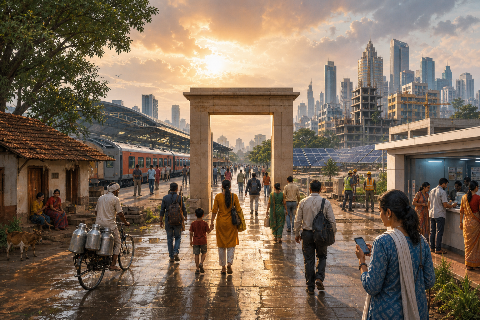 Indian citizens move through a landscape connecting a village, railway platform, public service center, solar installation, and modern city buildings, with both completed and unfinished infrastructure visible.