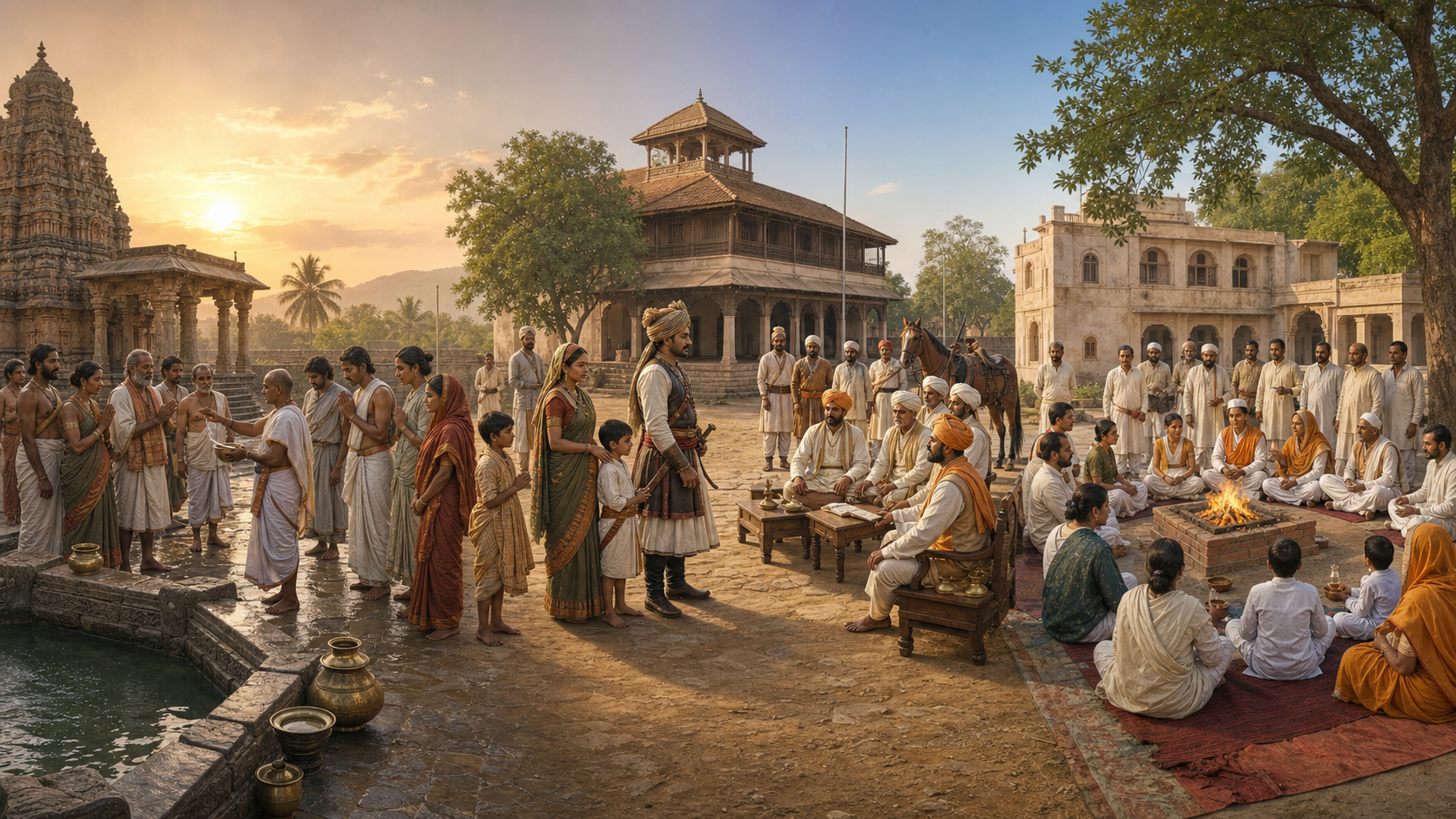Panoramic historical illustration showing a Vijayanagara temple readmission rite, a Maratha council receiving a returning family, and an Arya Samaj havan ceremony across three eras.