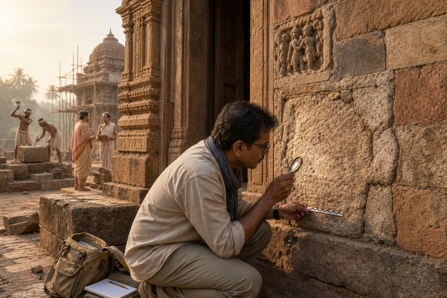 A researcher examines an eroded stone inscription in its temple setting, with masonry, tool marks and artisans visible around it.