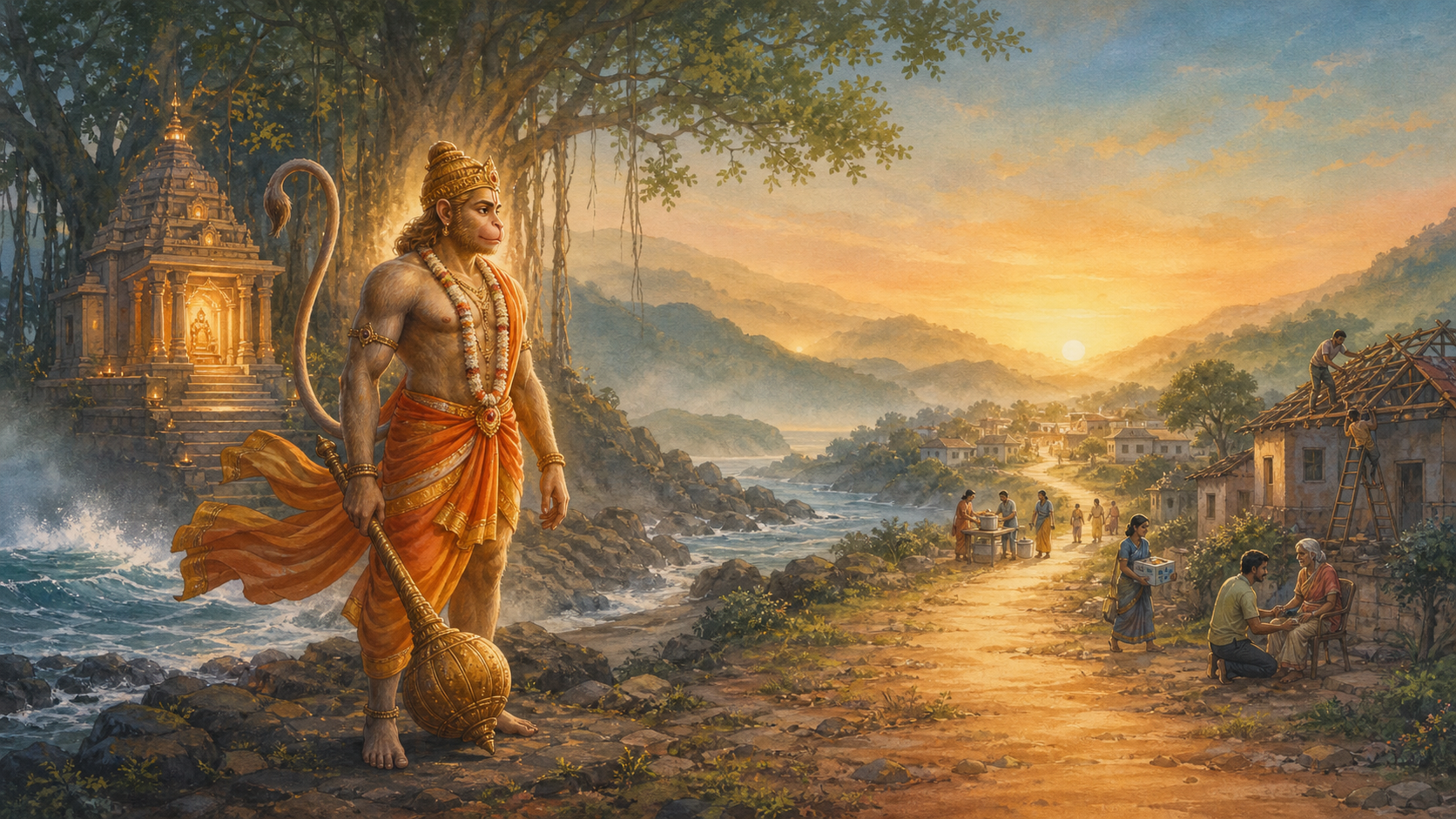 Illustration of Hanuman-ji standing with a lowered golden gada between a glowing temple and a road leading to people performing acts of care and service.
