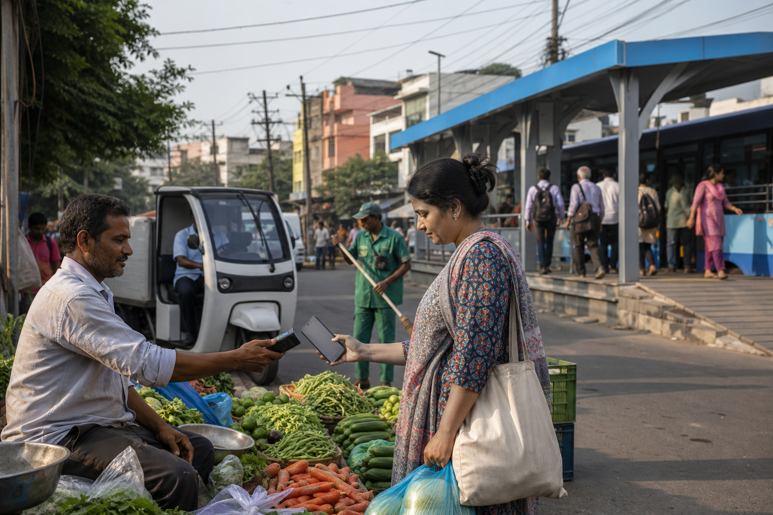 A customer makes a mobile payment at an Indian street market while sanitation services, electric delivery transport, power lines, and a public transit stop operate nearby.