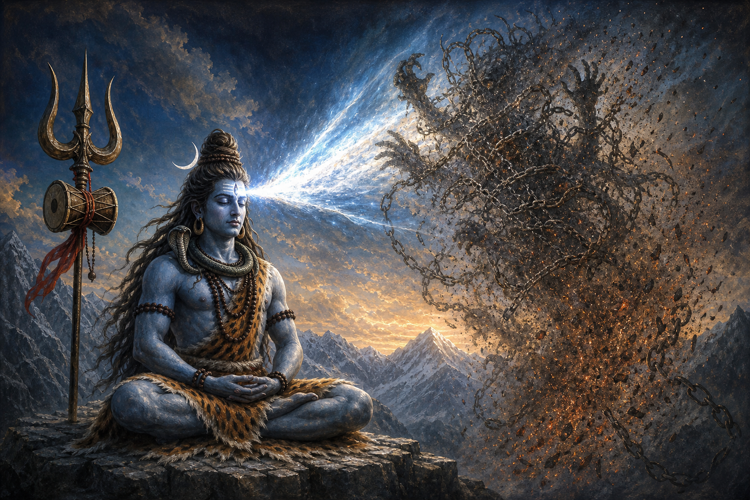 Shiva meditates on a Himalayan ledge as light from his third eye turns a dark tangle of chains, smoke, and thorny vines into ash.