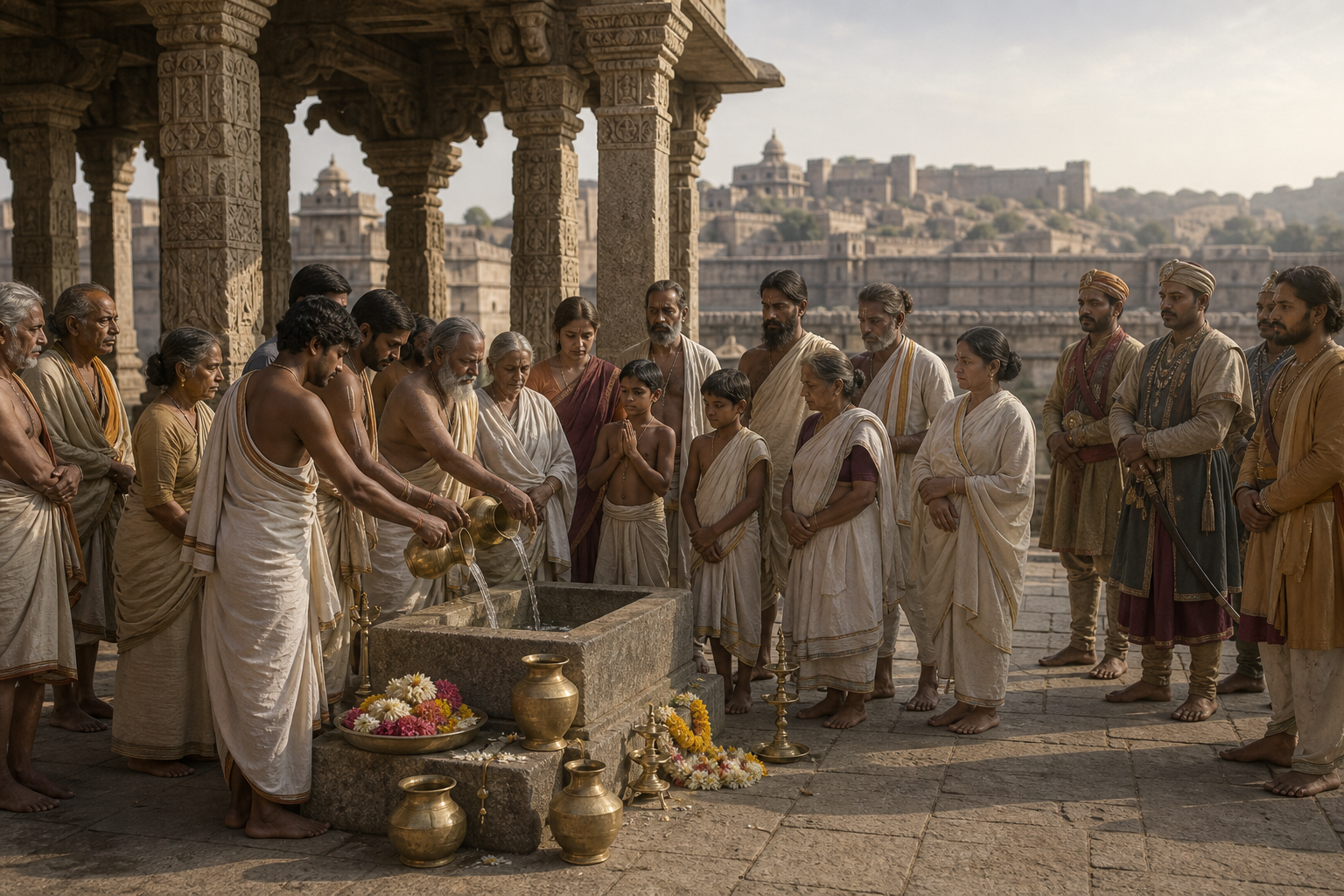 Families, priests, community elders, and royal representatives gather around a ritual water basin in a Vijayanagara-era temple courtyard.