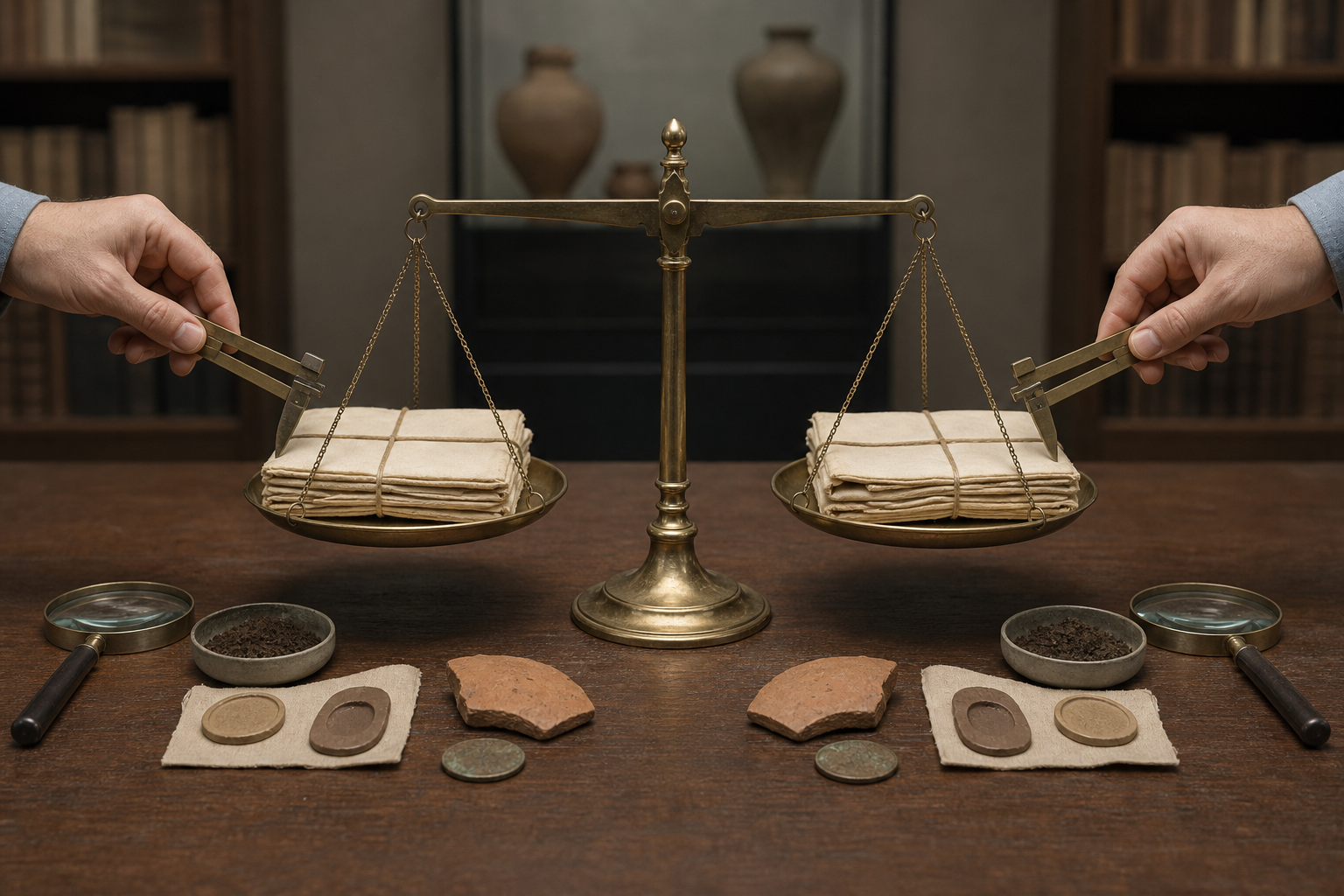 A level balance holds two different document bundles while identical artifacts and measuring tools are arranged on both sides.