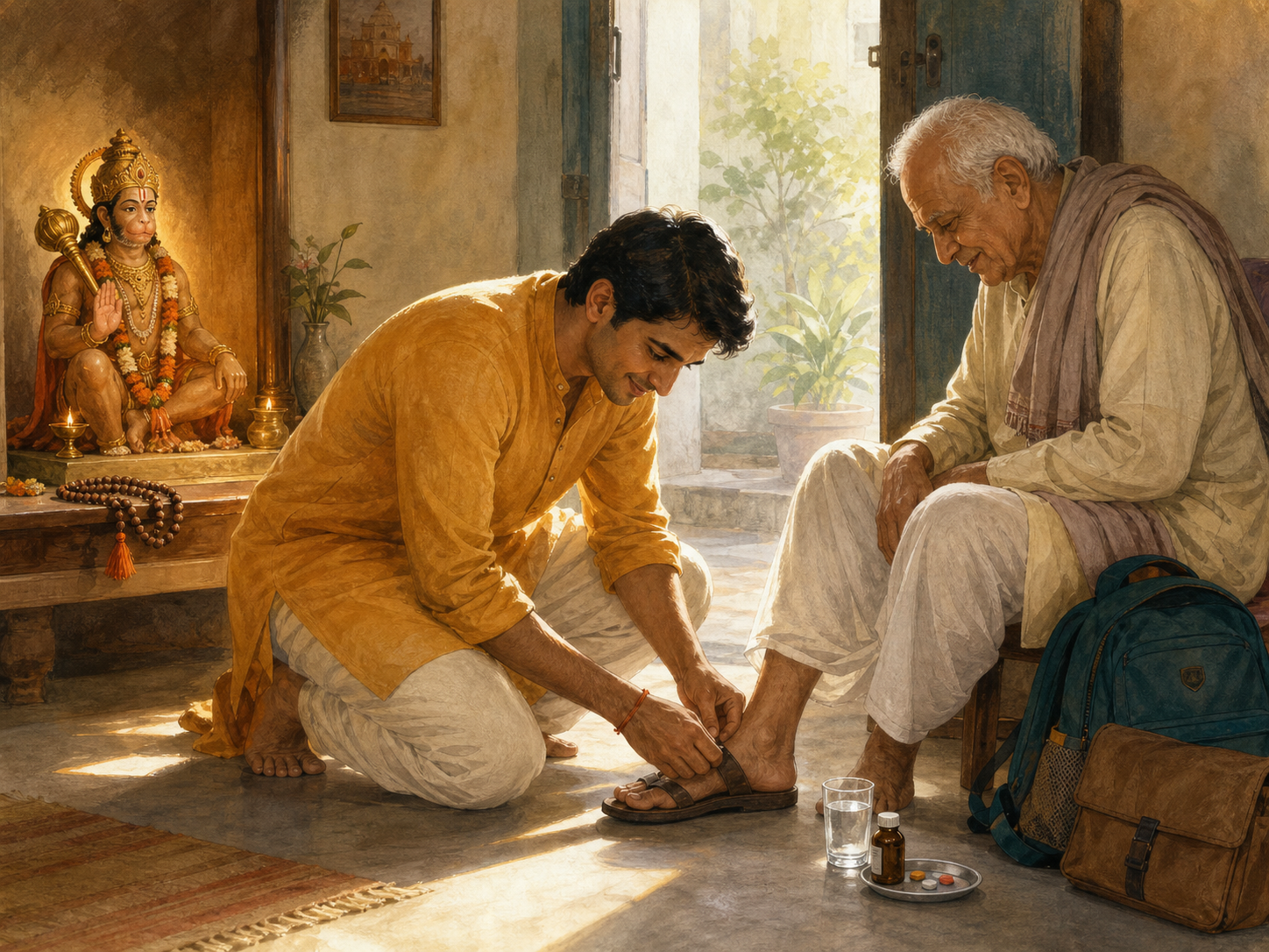 A devotee beside a small Hanuman shrine helps an elderly family member put on a sandal, with water and medicine placed nearby.