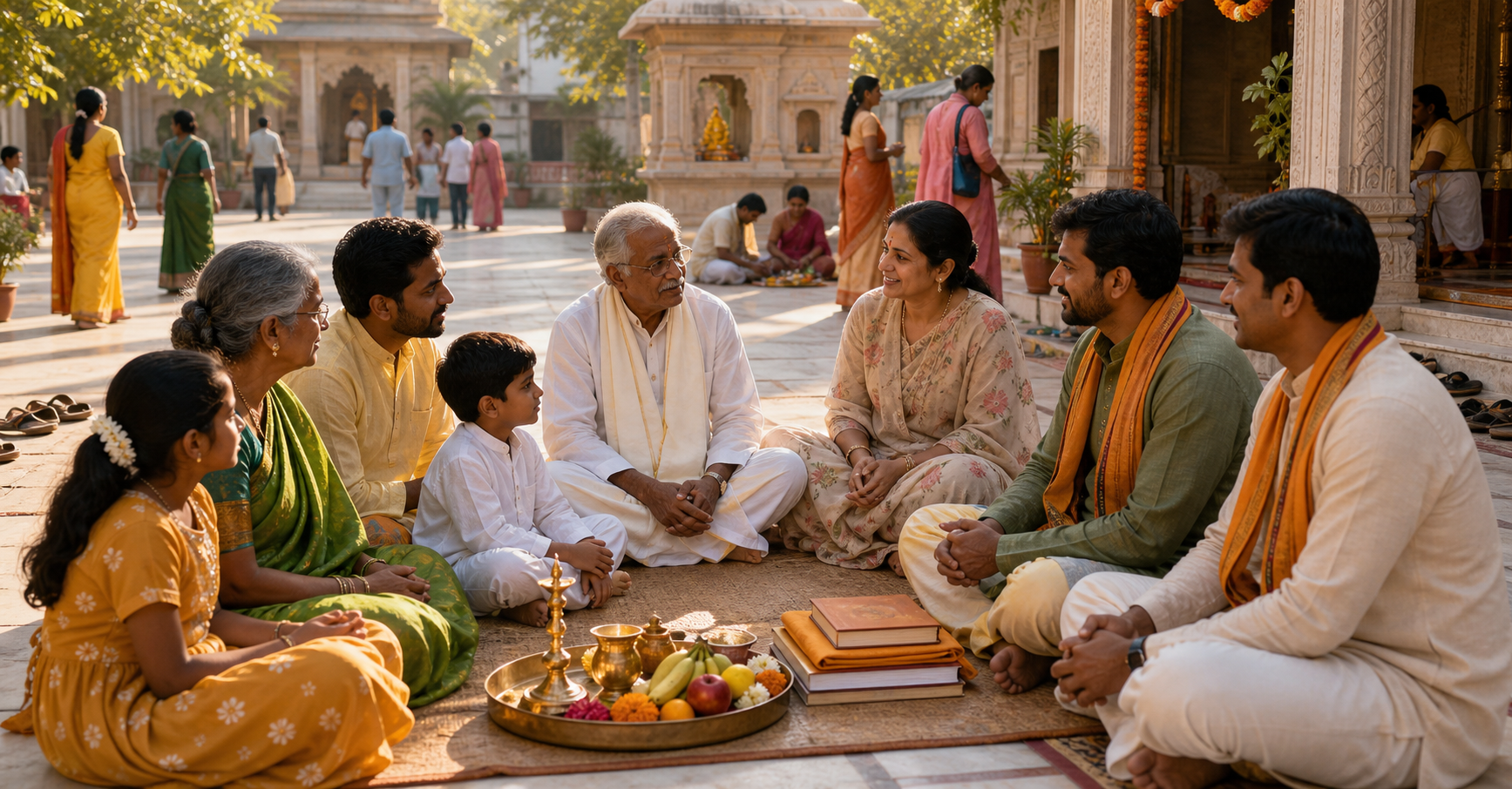 An intergenerational Indian family speaks with a temple elder and community volunteers beside a puja tray in a sunlit temple courtyard.