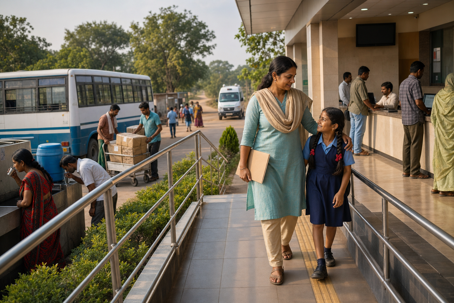 A mother and daughter arrive by bus at an accessible Indian district service hub with staffed counters, parcel handling, drinking-water facilities, and a healthcare vehicle.