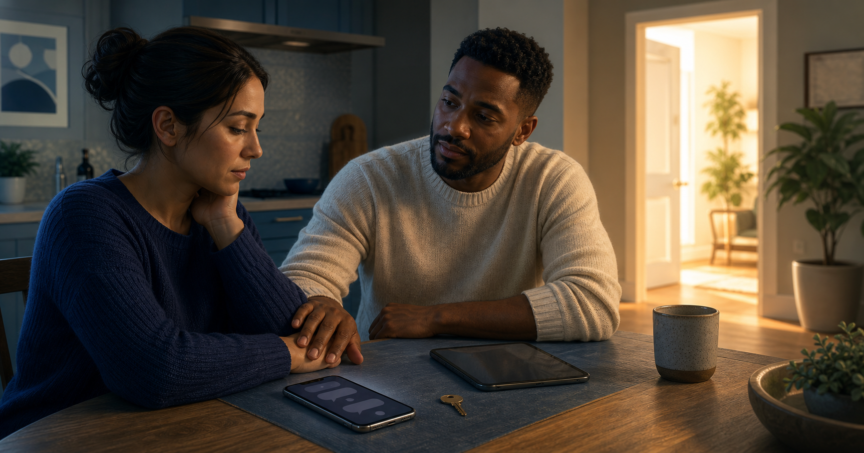 An adult places a smartphone on a kitchen table beside a second device while a trusted adult offers support and daylight enters through an open doorway.