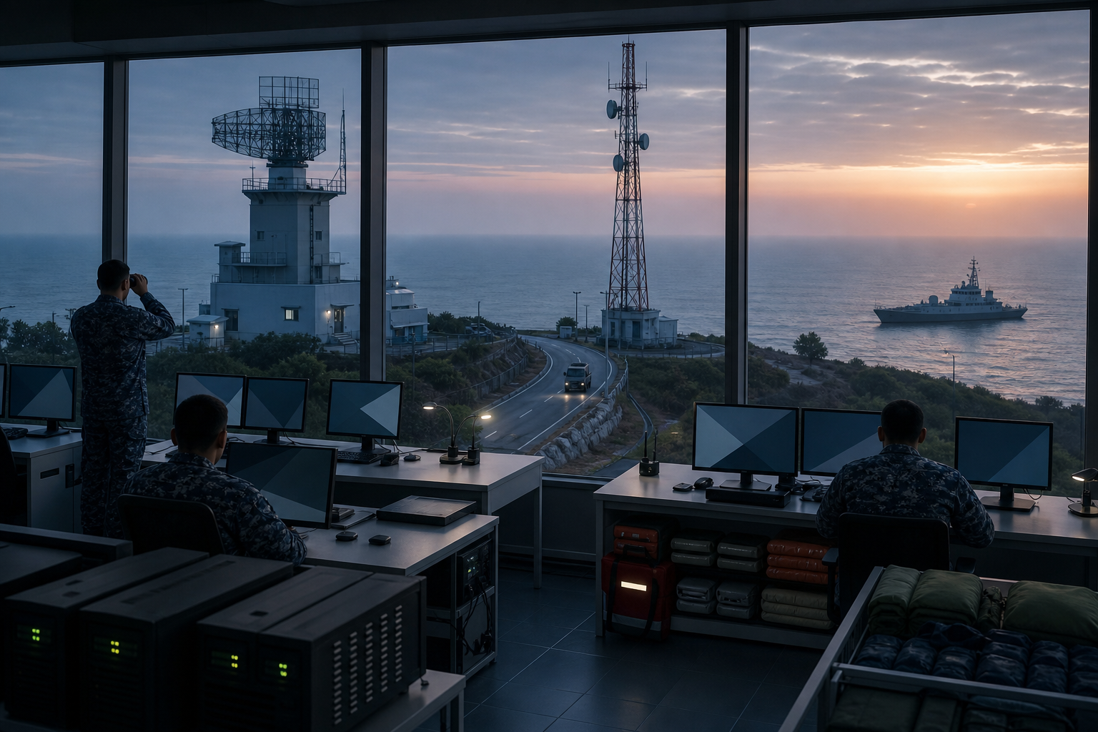 Personnel work inside a coastal monitoring station overlooking a radar array, patrol vessel, communications tower, supply road, and organized emergency equipment.